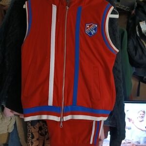 Red and Blue Jogging Suit With Hood.